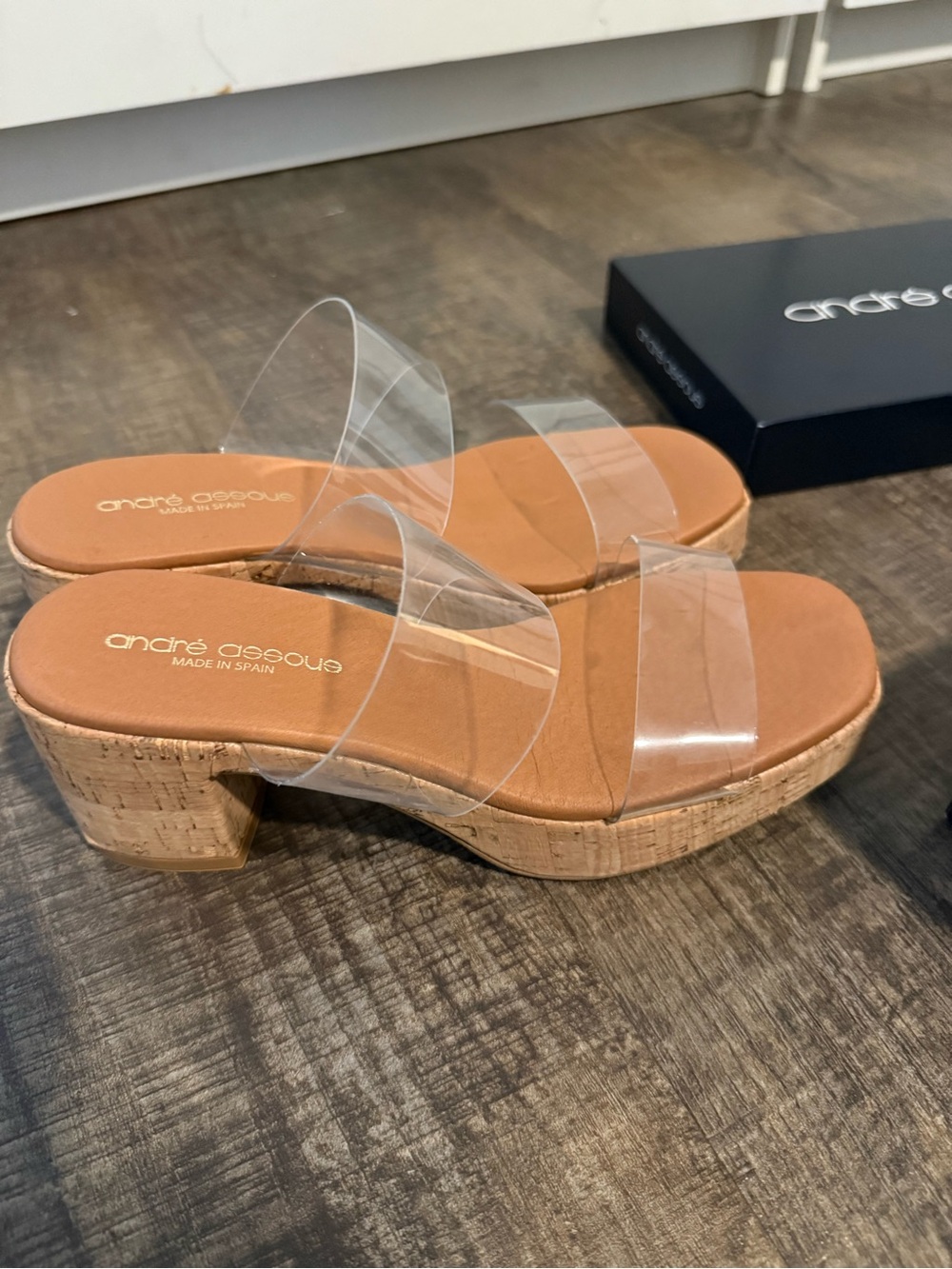 Andre Assous Clear PVC Cork Wedge Sandals with Tan Footbed